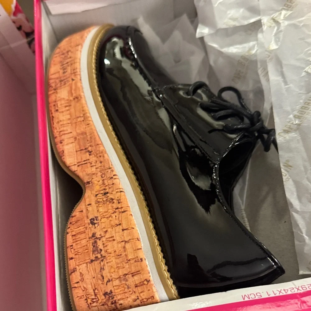 CAPE ROBBIN 🔥 Black Womens Lace Up Wooden Platform Loafers Natashaya 🔥BNIB